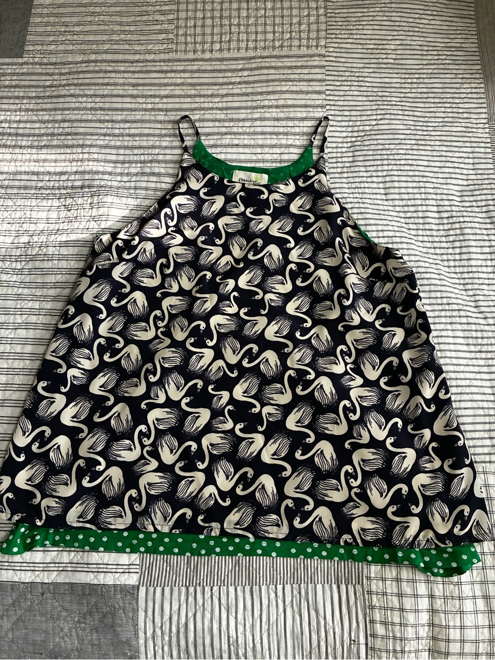 Porridge Navy Swan Print Tank Top with Green Trim